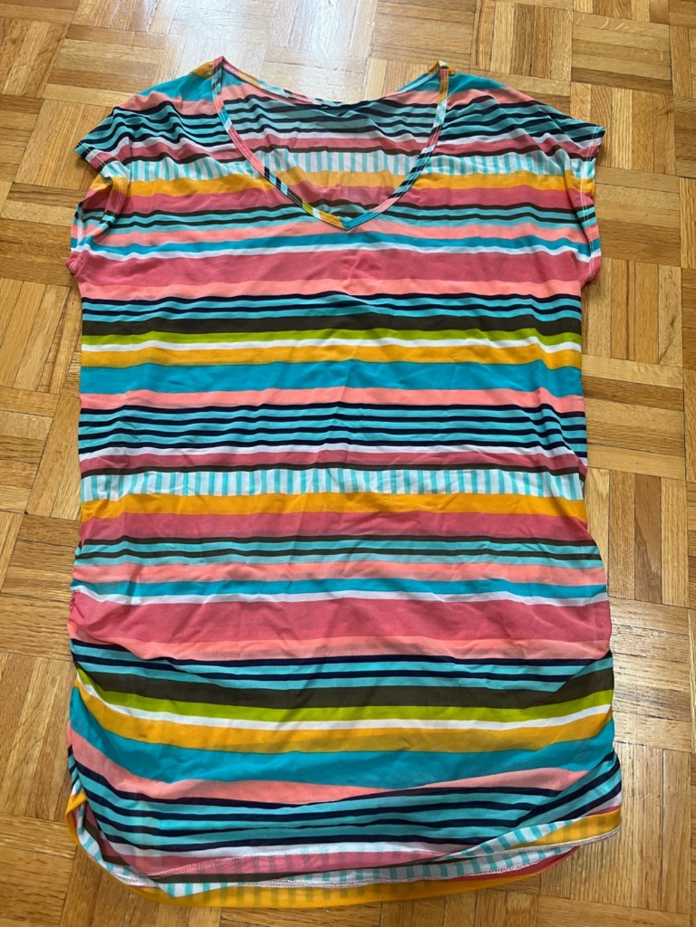 Anne Cole Multicolor Striped V-Neck Swim Coverup - Coral, Teal, Yellow, Black